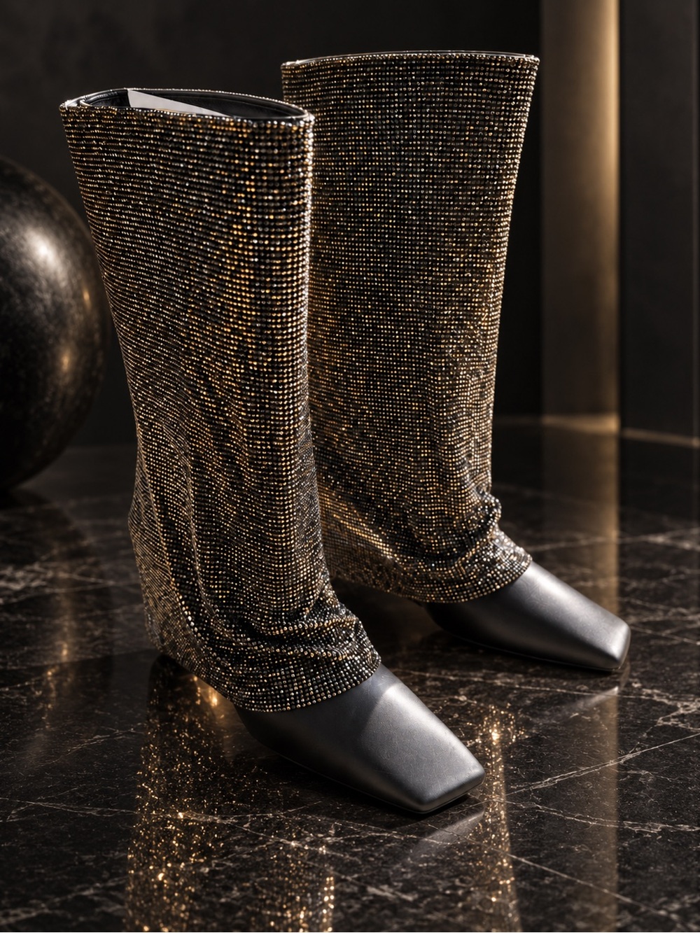 Women's Gold Embellished Stretch Sock Heeled Boots